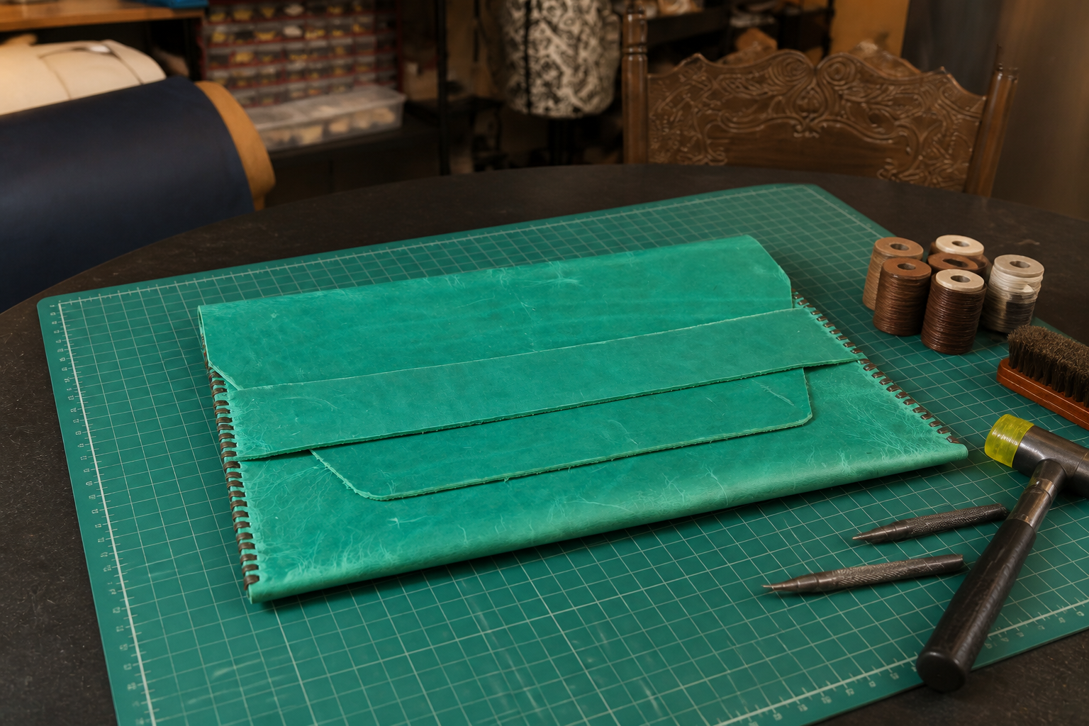 Funda para portátil "Live Edge" - Cuero sin tratar hecho a mano - Esmeralda
