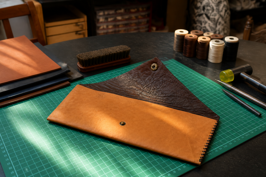 Hand Laced Leather Envelope Clutch in Caramel