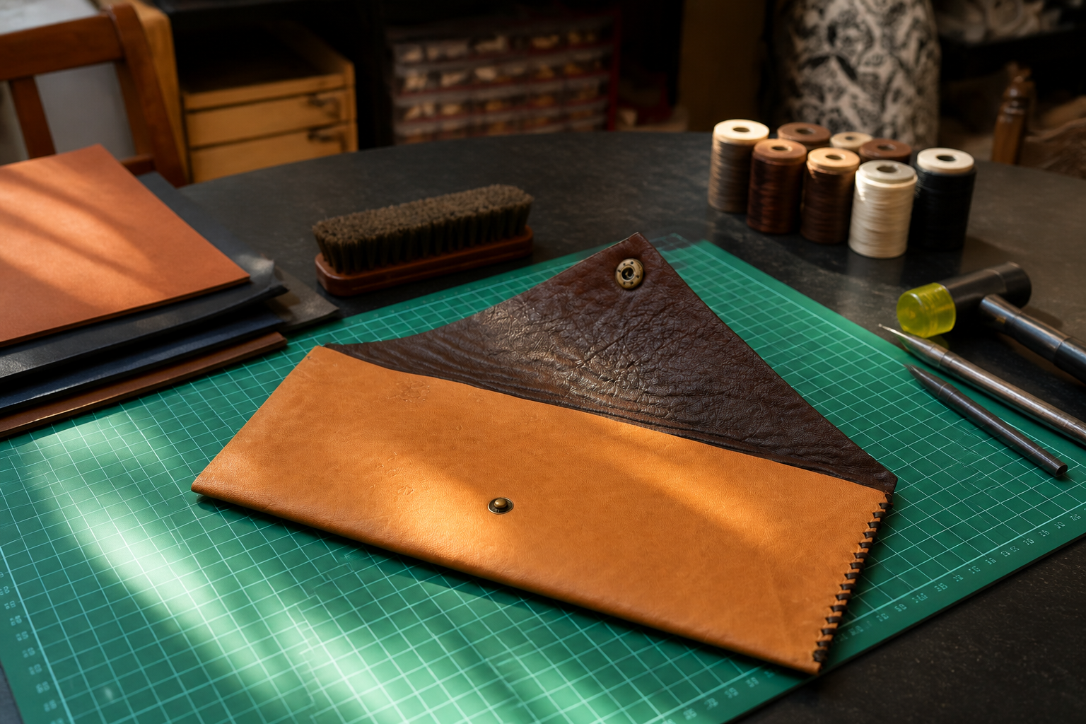 Hand Laced Leather Envelope Clutch in Caramel