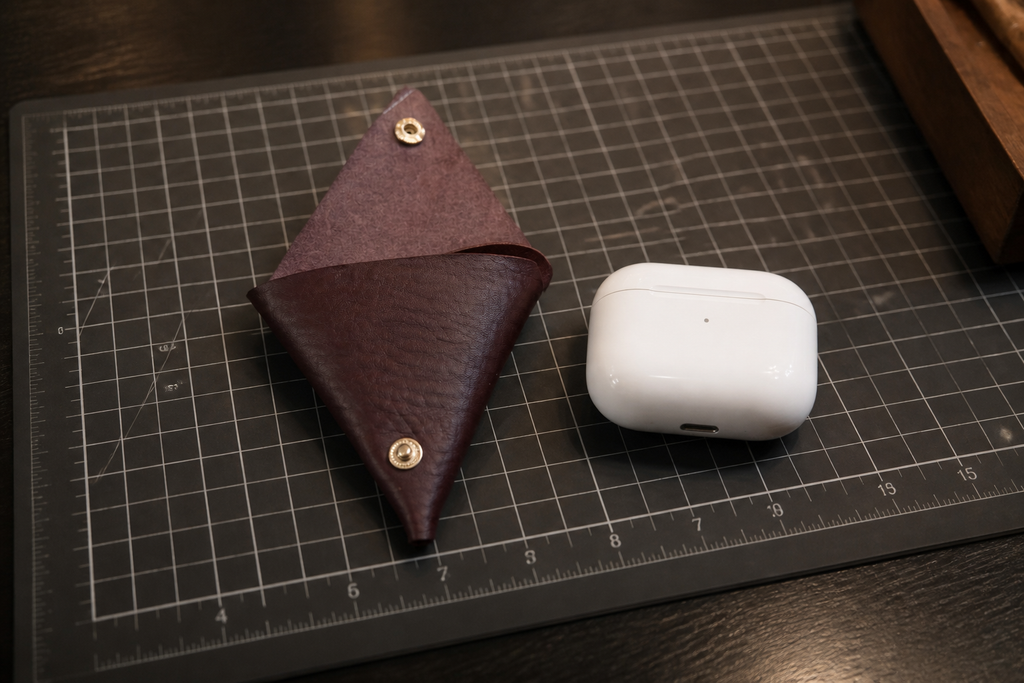 Leather Triangle Coin Pouch, Handmade Fold & Snap Case