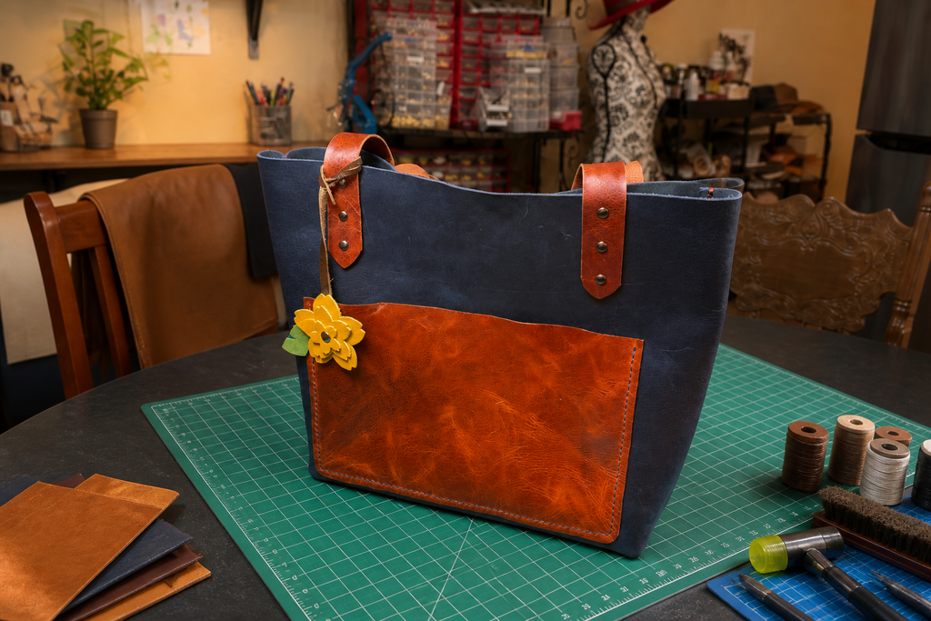 Navy & Cognac Leather Tote