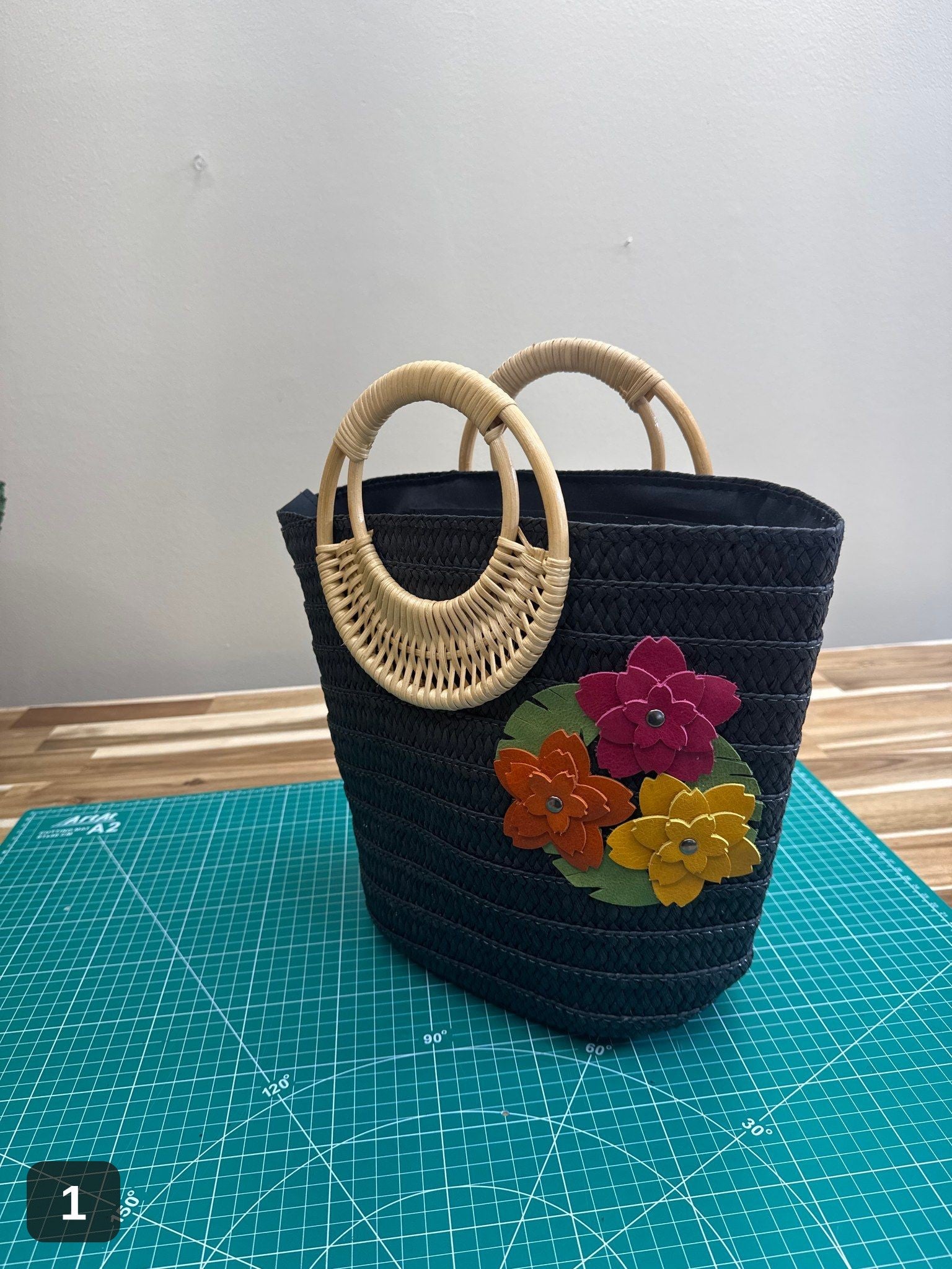 Woven Flower Tote: Straw Basket Bag with Handmade Leather Blooms