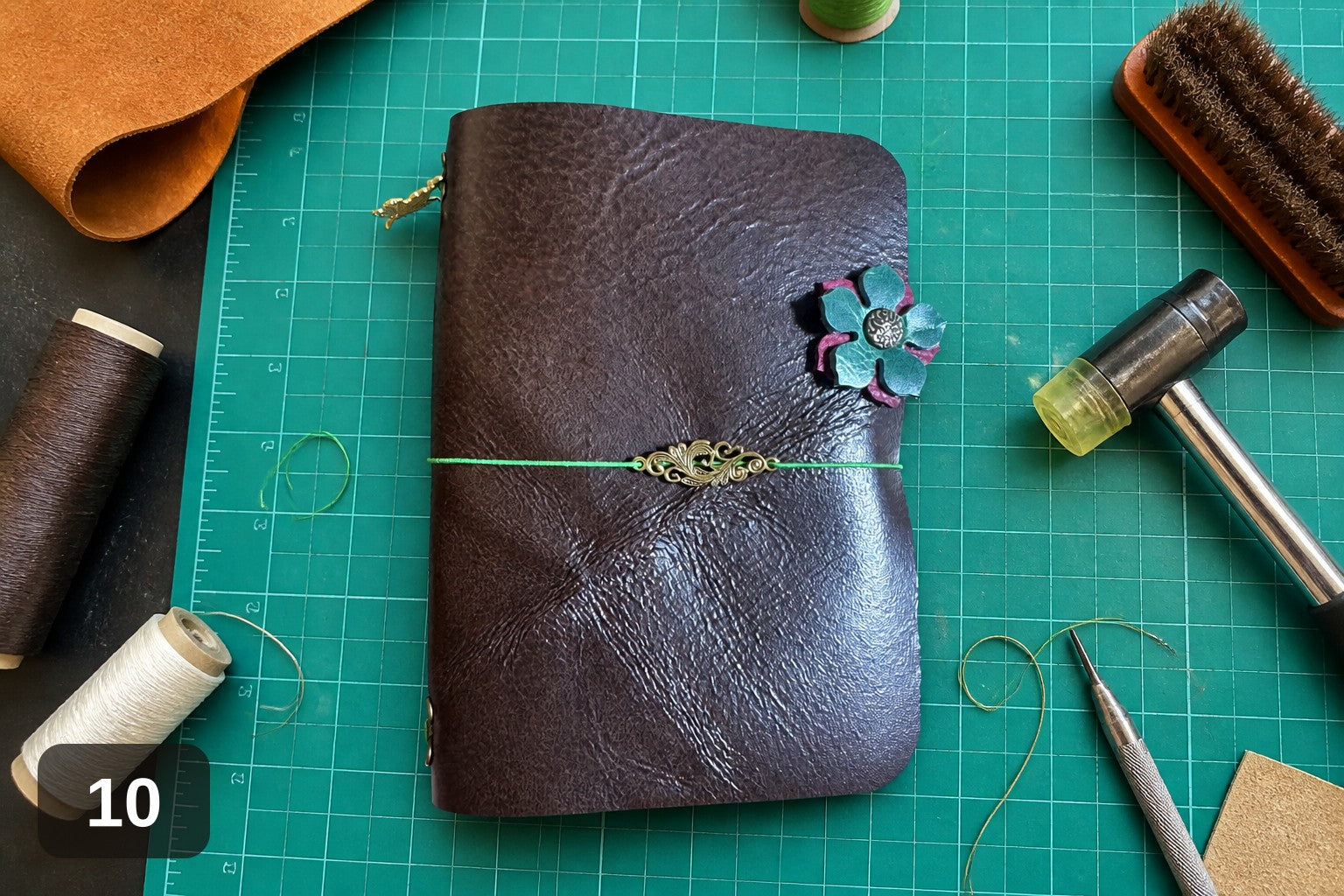 Handmade Leather Wrap Journal - Magenta with Flower Charm