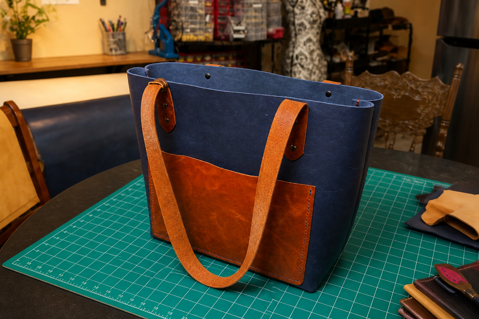 Navy & Cognac Leather Tote