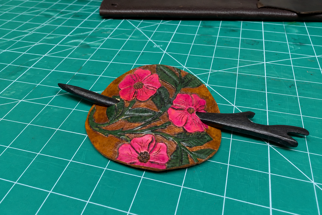 Leather Hair Barrette - Brown Pink Flowers