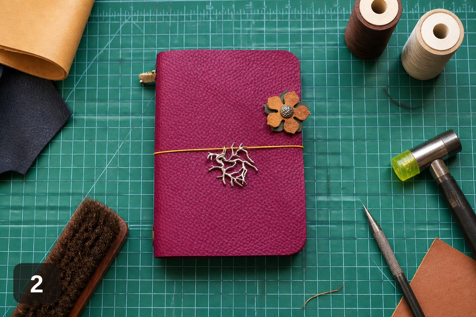 Handmade Leather Wrap Journal - Magenta with Flower Charm