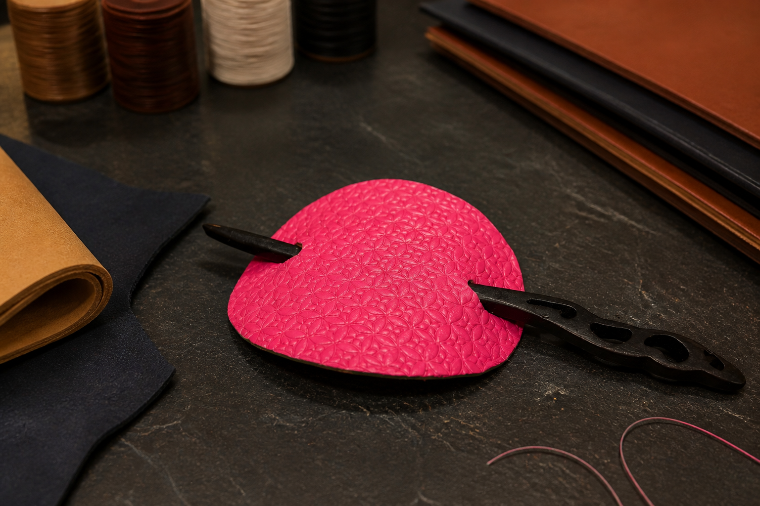 Leather Hair Barrette - Hot Pink Stamped