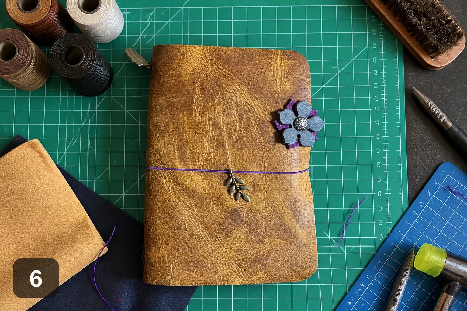 Handmade Leather Wrap Journal - Magenta with Flower Charm