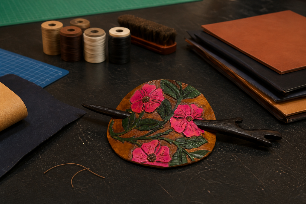 Leather Hair Barrette - Brown Pink Flowers