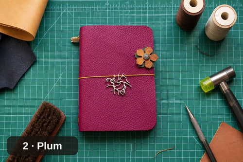 Handmade Leather Wrap Journal - Magenta with Flower Charm