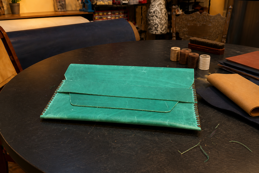 Funda para portátil "Live Edge" - Cuero sin tratar hecho a mano - Esmeralda
