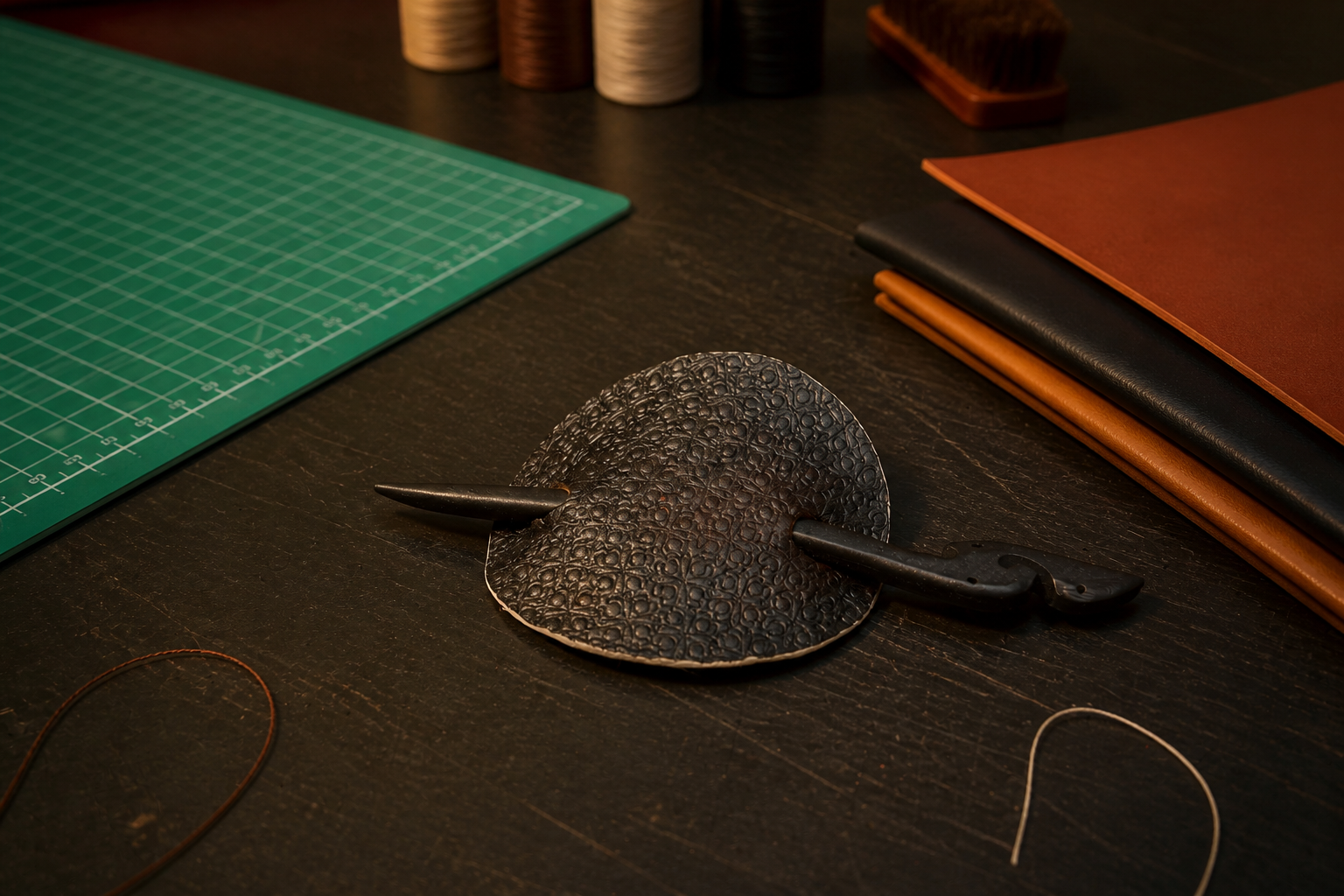 Leather Hair Barrette - Black Stamped