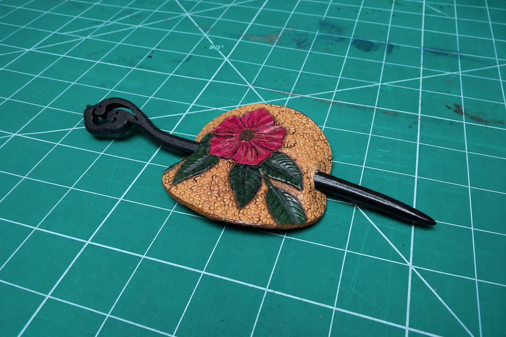 Leather Hair Barrette - Tan Pink Flower