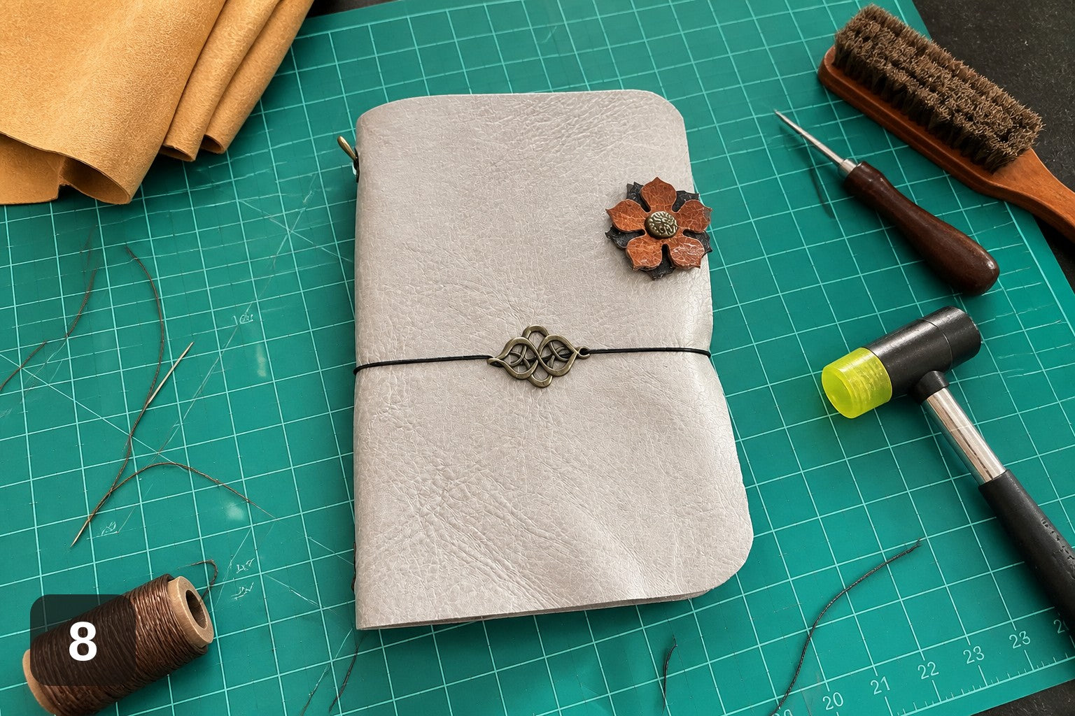 Handmade Leather Wrap Journal - Magenta with Flower Charm