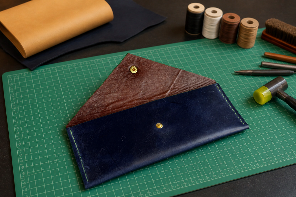 Hand Laced Leather Envelope Clutch in Caramel