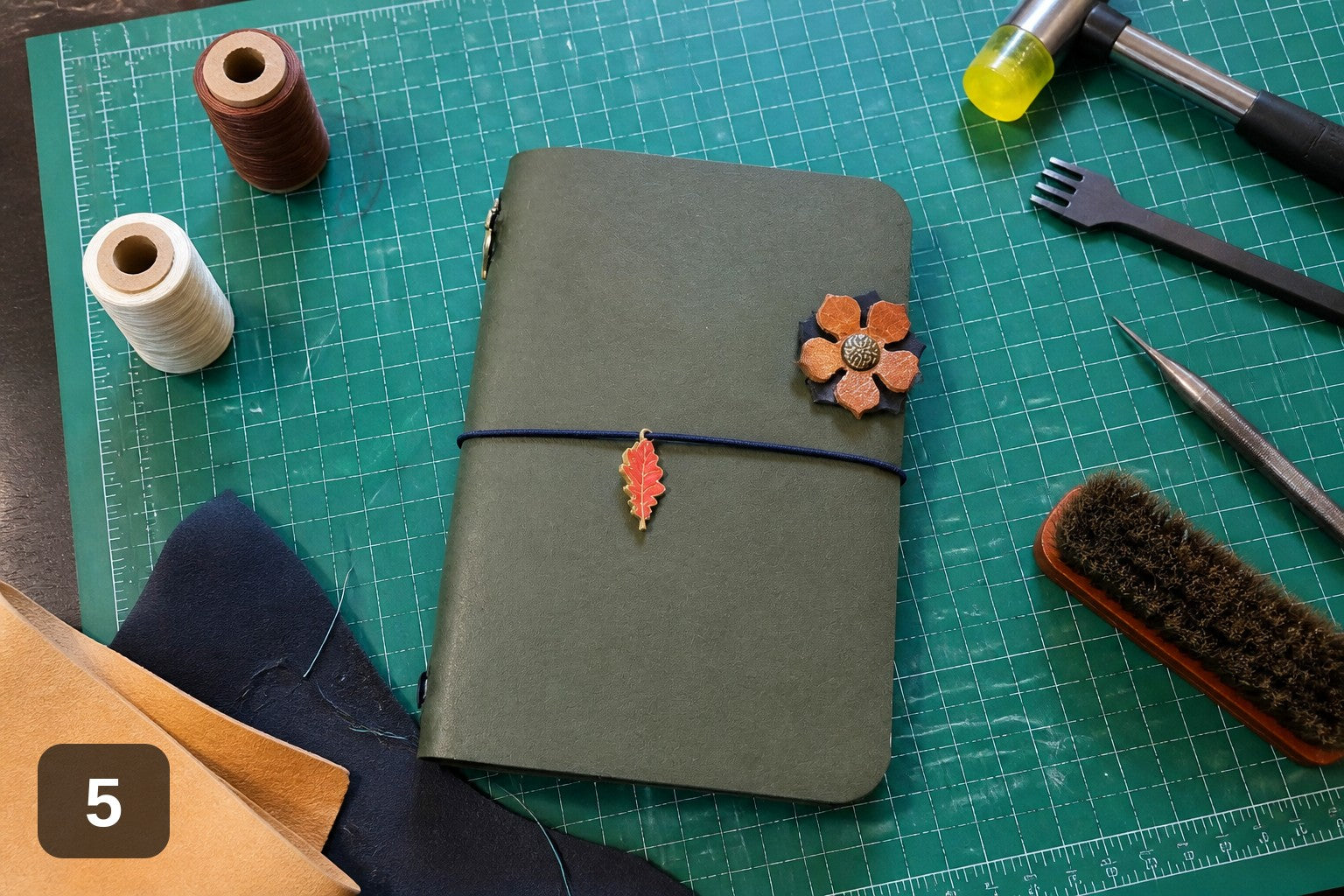 Handmade Leather Wrap Journal - Magenta with Flower Charm