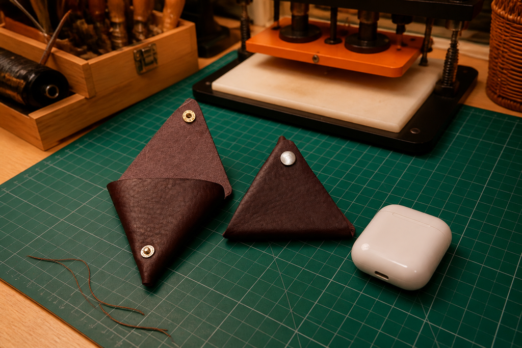 Leather Triangle Coin Pouch, Handmade Fold & Snap Case
