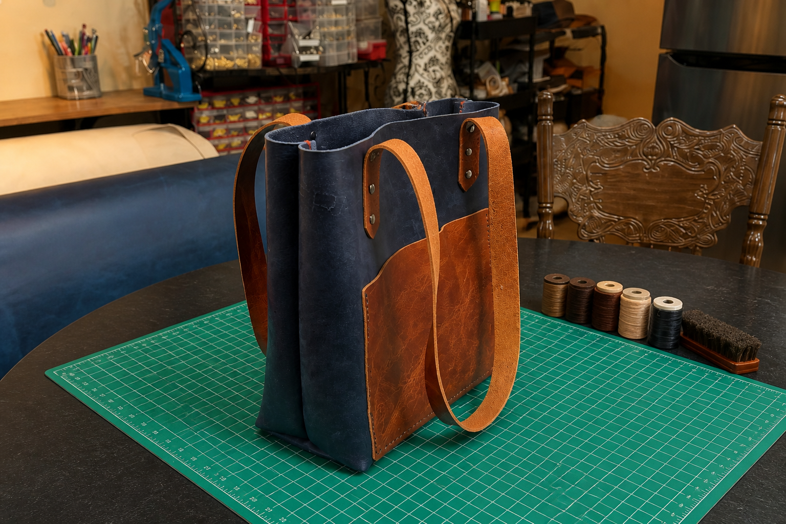 Navy & Cognac Leather Tote