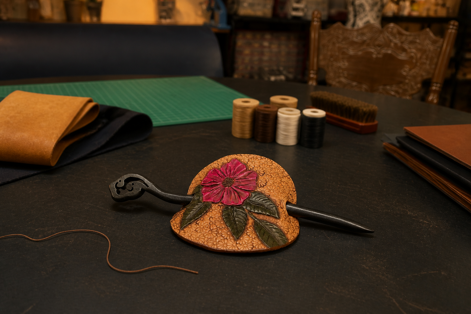Leather Hair Barrette - Tan Pink Flower