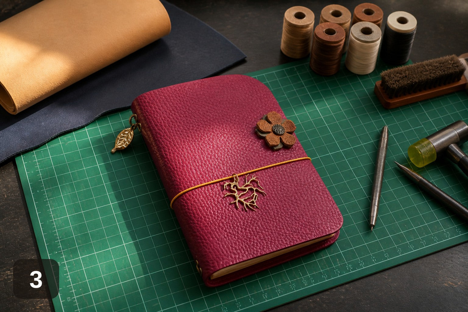 Handmade Leather Wrap Journal - Magenta with Flower Charm
