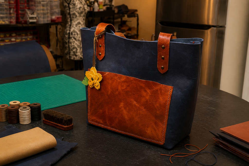 Navy & Cognac Leather Tote