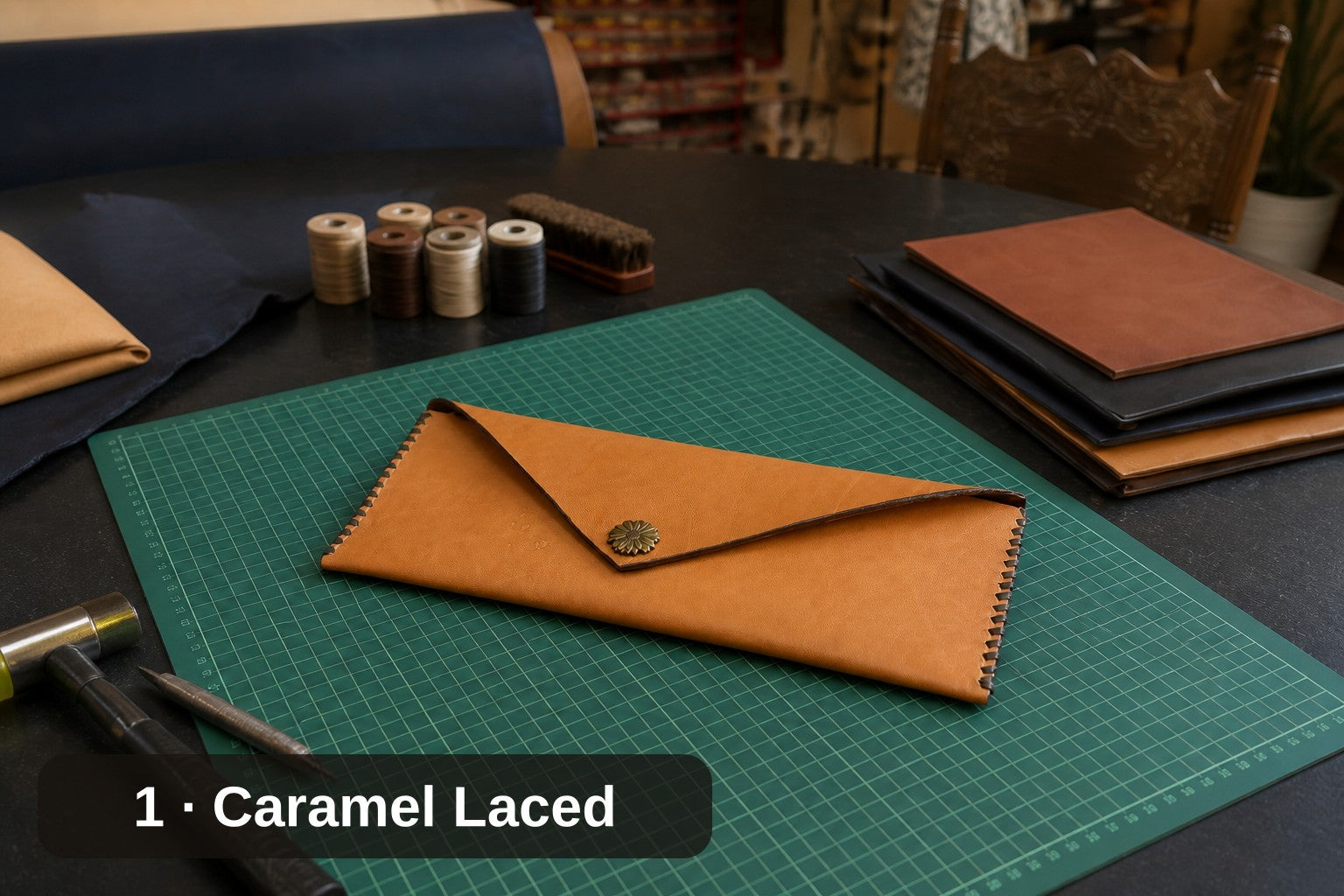 Hand Laced Leather Envelope Clutch in Caramel