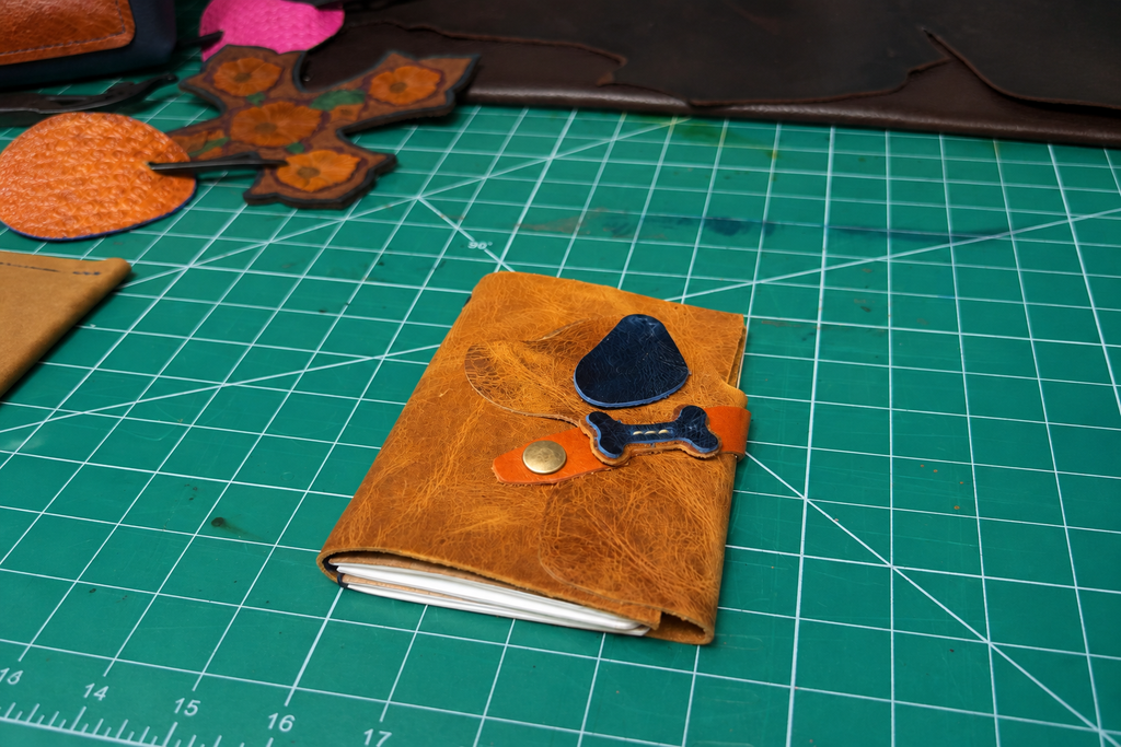 Tan Leather Journal Cover - Dog & Bone Snap Closure