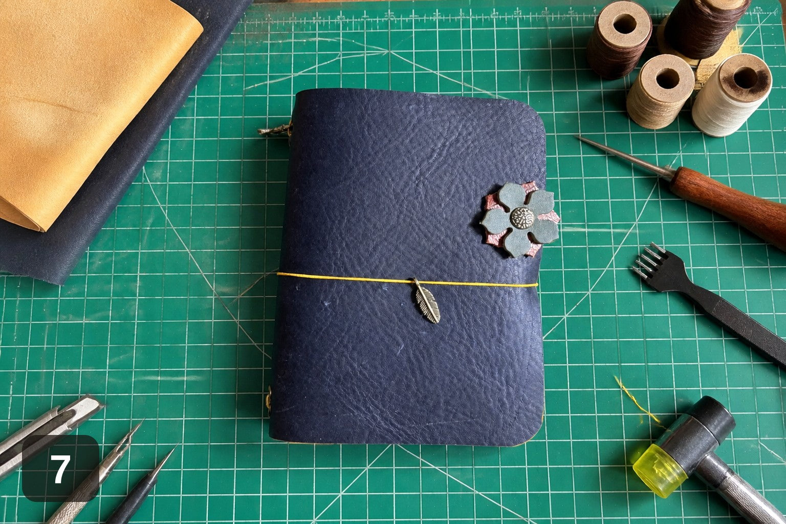 Handmade Leather Wrap Journal - Magenta with Flower Charm