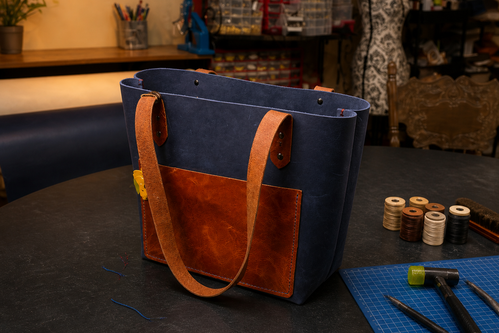 Navy & Cognac Leather Tote