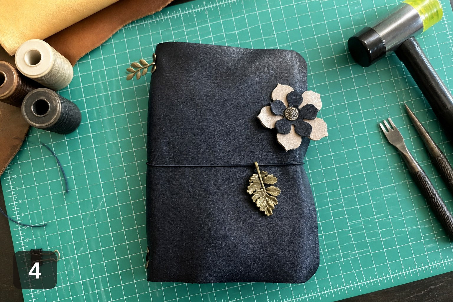 Handmade Leather Wrap Journal - Magenta with Flower Charm