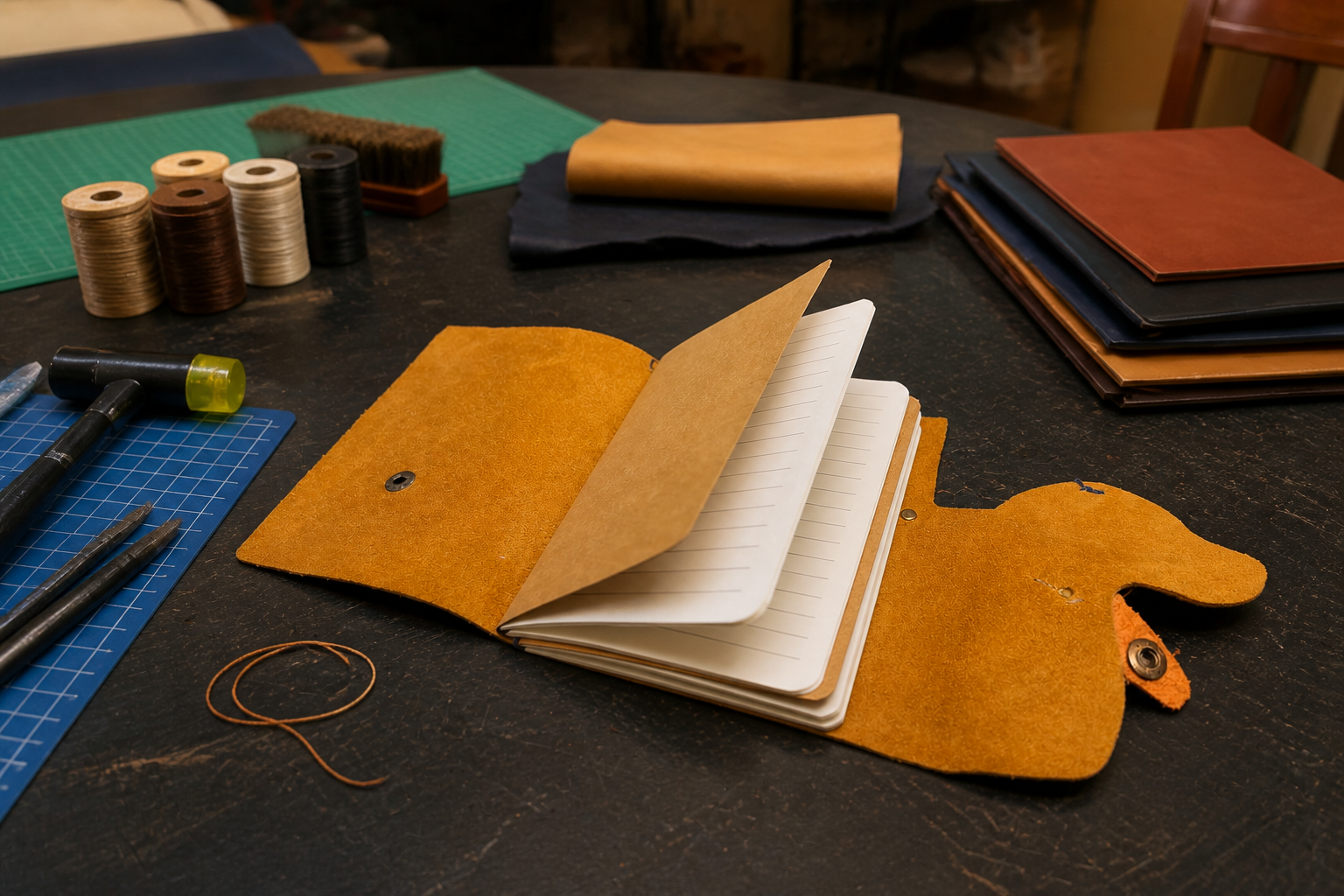 Tan Leather Journal Cover - Dog & Bone Snap Closure