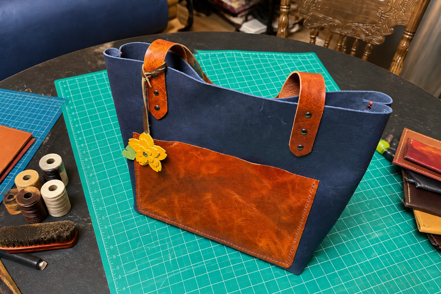 Navy & Cognac Leather Tote