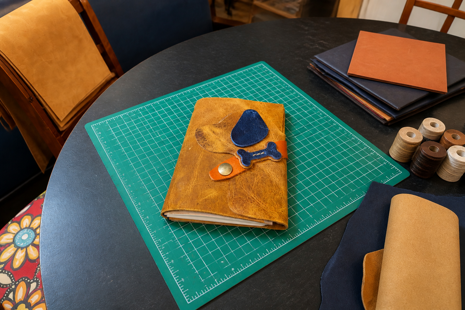 Tan Leather Journal Cover - Dog & Bone Snap Closure