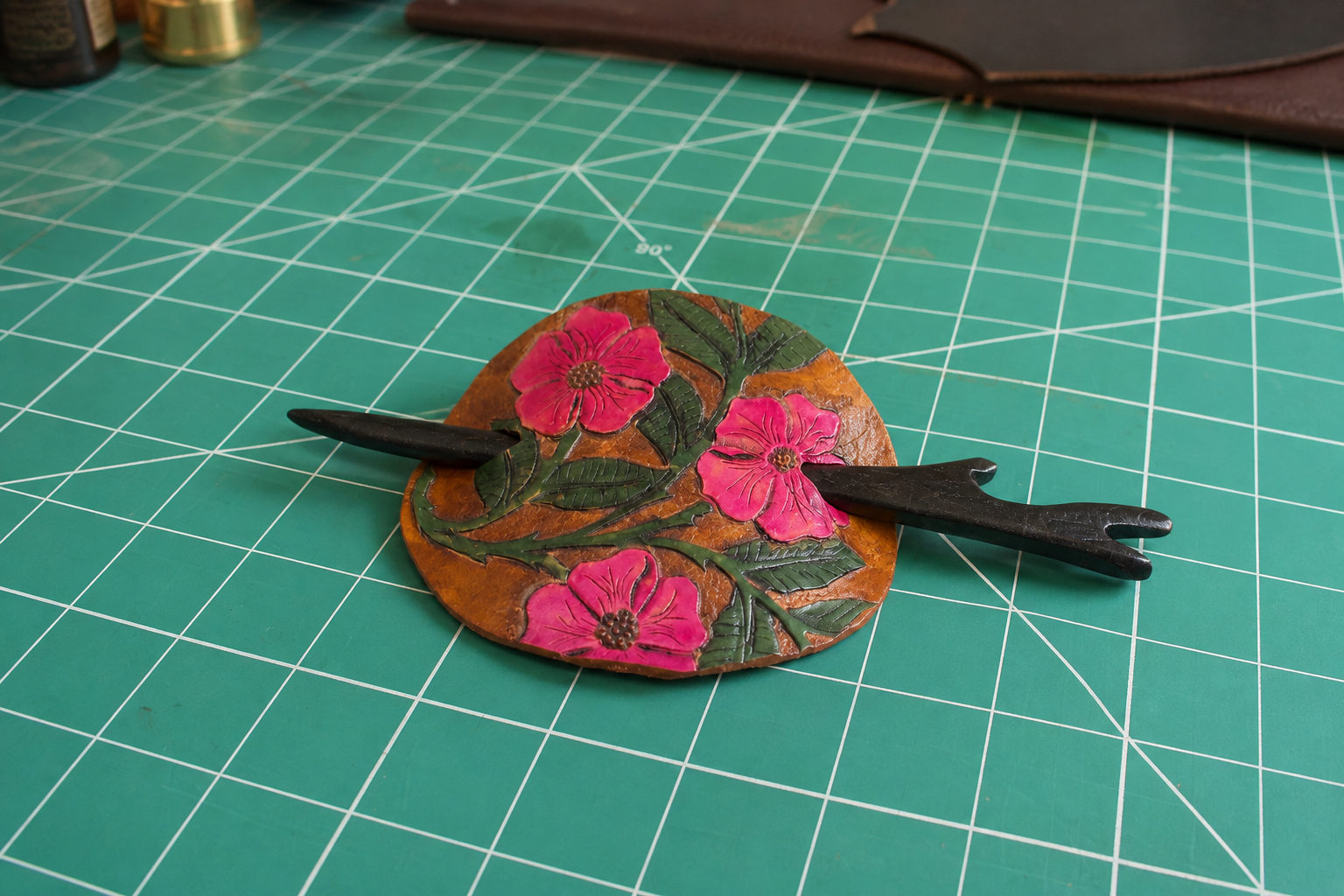 Leather Hair Barrette - Brown Pink Flowers