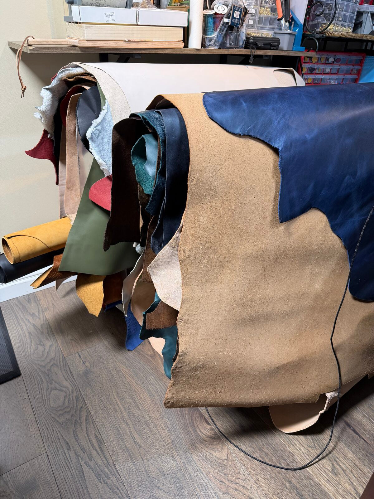 A full hide of North American leather on the workbench